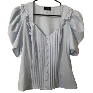 Milk & Honey Elegant Light Blue Blouse with Pleats and Lace